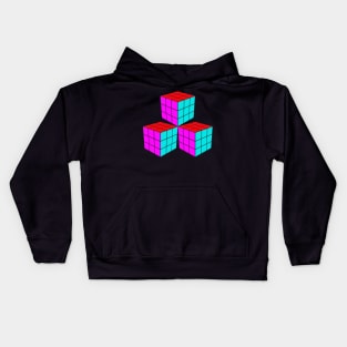 Three Rubik Cubes in a Triangle - Pink, Red and Light Blue Kids Hoodie